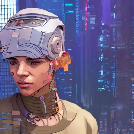 Image similar to in-game screenshot of cyberpunk mixed race boy wearing futuristic headpiece, comic illustration by Josan Gonzalez and Geof Darrow, 3d render, Unreal Engine, octane render, ray tracing, Unity, highly detailed, high quality, HD, 4k, 8k, realistic, sharp, trending