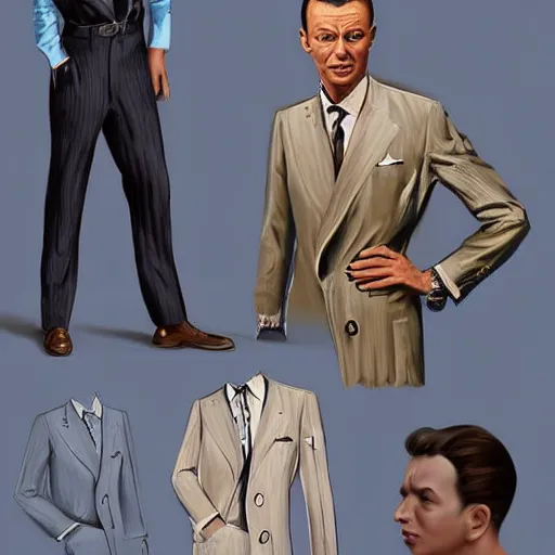 Image similar to perfect composition, subdued color palette, award-winning concept art, detailed digital painting, airbrushed, low contrast: costume design for young Frank Sinatra as a poor 1950s bartender. Volumetric cinematic lighting, great attention to perfect anatomy, special attention to posing, great attention to realistic facial expression, faithful cinematic color scheme, perfectly coherent. In the style of: Greg Rutkowski, Francis Bacon, Syd Mead, Norman Rockwell, Beksinski, Edward Hopper, James Gilleard, Ilya Kuyshinov, WLOP, Stanley Artgerm, Takato Yamamoto, and James Jean.