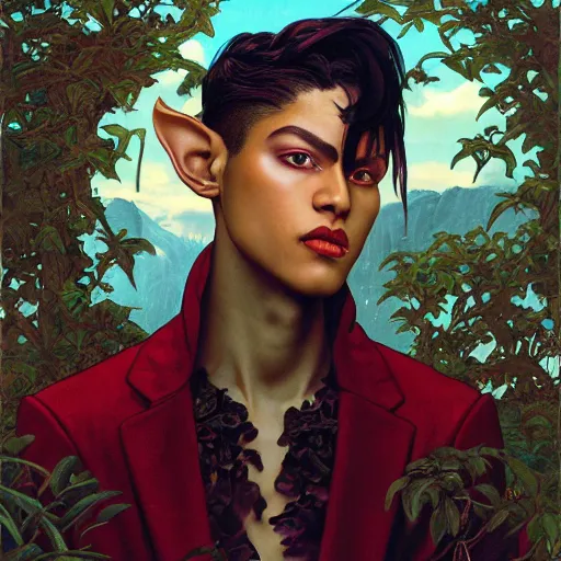 Image similar to portrait of a beautiful and androgynous half - elf with messy short red hair and dark skin tone and catlike features and yellow eyes with slit pupils, golden hour, wearing a colorful men's suit, dnd character, realistic painting by kehinde wiley and ross tran and gerald brom and tasha beckwith and alphonse mucha, trending on artstation