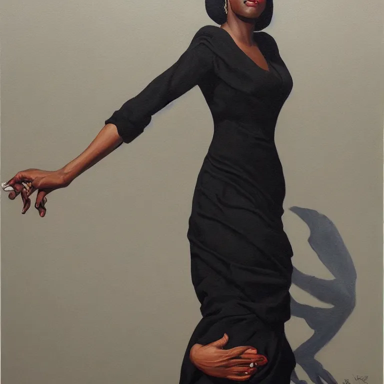 Prompt: a painting of a woman wearing a black dress, a portrait by kadir nelson, trending on cgsociety, afrofuturism, hyper realism, detailed painting, rococo