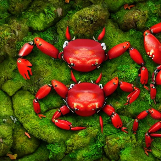 Image similar to large group of crabs and worms, crawling along a bed of moss, low poly, creeper world, handcrafted, artstation, hyperrealistic, hard light, best practices, creeptastic, photorealism, macro perspective, cuddly, Voidless of the Festival!