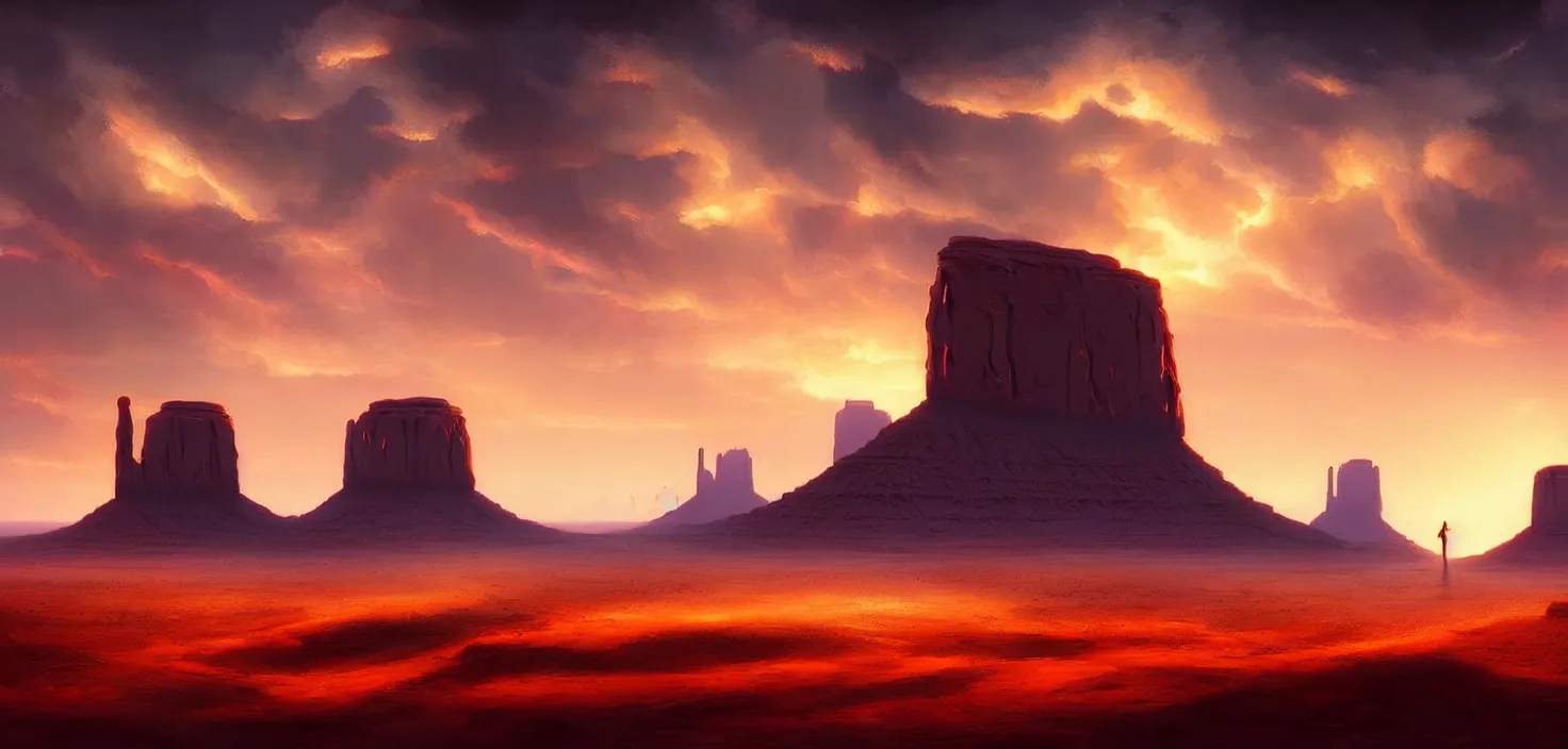 Prompt: texas monument valley, cinematic view, epic sky, detailed, concept art, low angle, high detail, warm lighting, volumetric, godrays, vivid, beautiful, trending on artstation, by jordan grimmer, huge scene, grass, art greg rutkowski