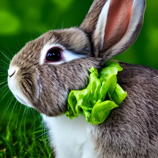 Image similar to Rabbit eating lettuce, half black half white, very furry, pink nose, close up, National Geography , photorealistic, ultra-detailed, 4k high resolution, HDR shot