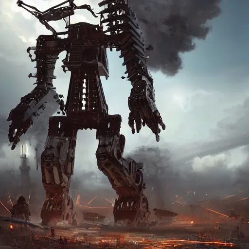 Prompt: gigantic bipedal humanoid lethal robot war machine standing in a battlefield, steam punk, 70's sci-fi, highly detailed, sharp focus, photorealistic, hyperrealistic, deep aesthetic, 4k, highly ornate intricate details, cinematic lighting, rich colors, digital artwork, ray tracing,