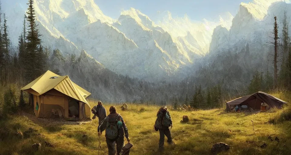 Image similar to cabela's beautiful comfortable self contained modular insulated wall container home kit - house all weather family dwelling tent house, person in foreground, mountainous forested wilderness open fields, beautiful views, painterly concept art, environmental concept art, concept art illustration, by james gurney, by craig mullins, by greg rutkowski trending on artstation