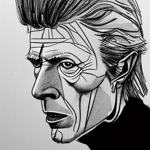 Image similar to a realistic yet scraggly portrait sketch of the side profile of a stern and sophisticated david bowie, trending on artstation, intricate details, in the style of frank auerbach, in the style of sergio aragones, in the style of martin ansin, in the style of david aja, in the style of mattias adolfsson