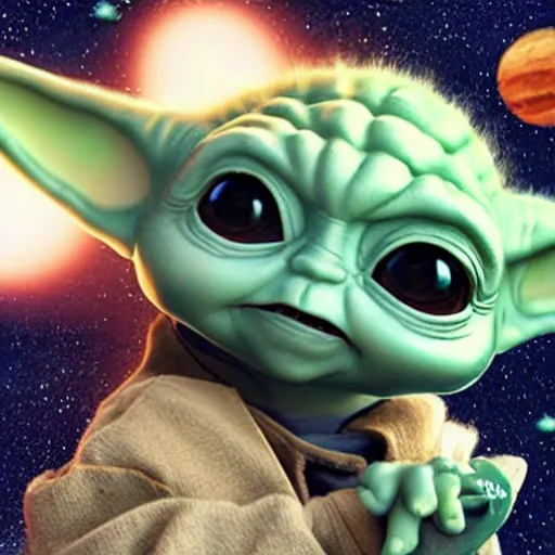 Image similar to baby yoda floating in space, stars in background, cinematic, highly detailed, realistic