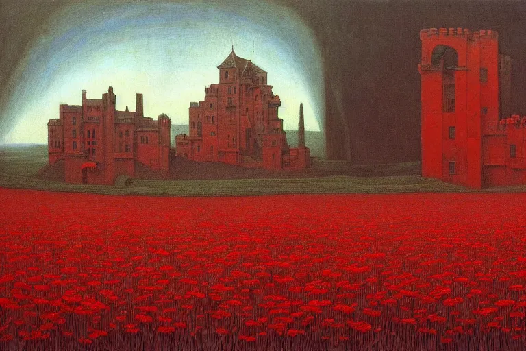 Image similar to only with red, red flowers of different types, a red tiger, a castle in the background, medieval demons dance over the flowers, an ancient path, in the style of beksinski, part by hopper, part by rodcenko, part by hofbauer, intricate composition, red by caravaggio, insanely quality, highly detailed, masterpiece, red light, artstation