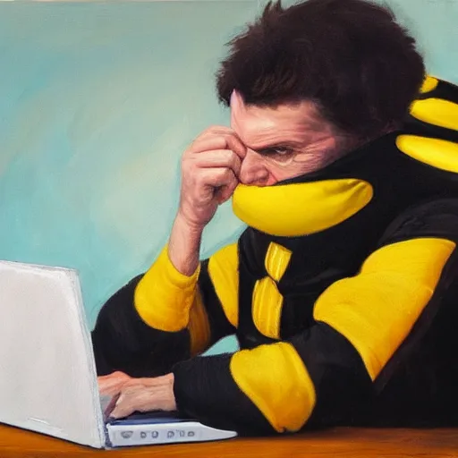 Image similar to tired man in a bumblebee costume drinks coffee in front of a laptop, highly detailed, masterpiece, realist, oil on canvas