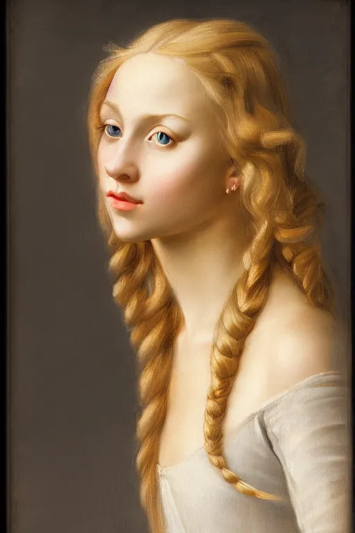 Image similar to portrait of a young pretty blonde girl with a long hair, elegant, photorealistic, sharp focus, Renaissance style, filling light,