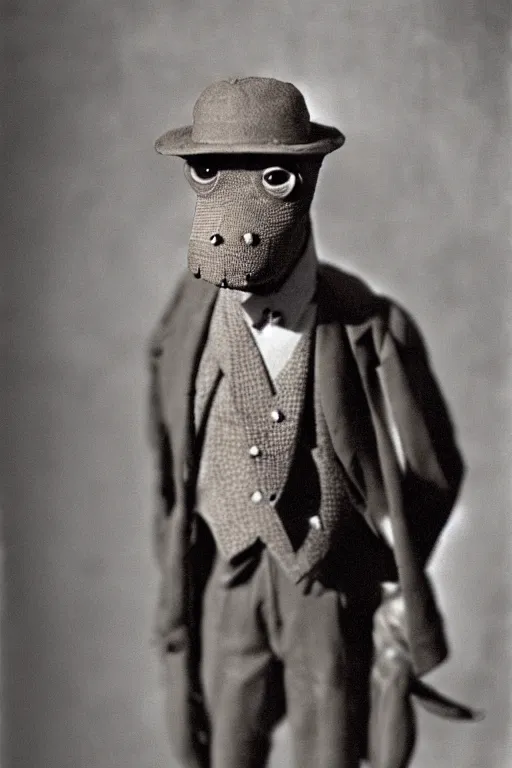 Image similar to anthropomorphic locust, wearing a suit, vintage photograph, sepia