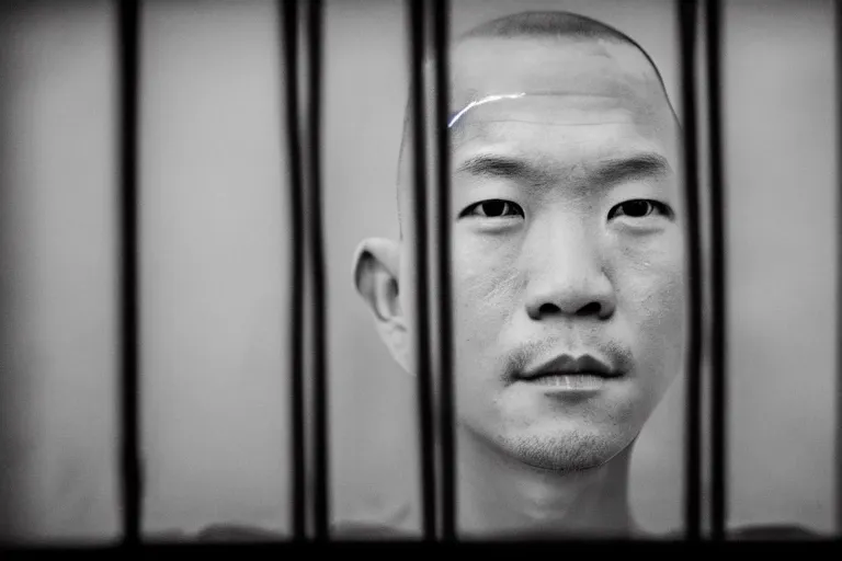 Prompt: an 8 5 mm portrait of a justin sun as night king in prison looking through the bars of his cell, by annie leibovitz, shallow depth of field, cinematic lighting