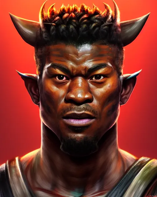 Image similar to face portrait of jimmy butler as a muscular ronin samurai, wearing a haori, by wlop and peter mohrbacher, dramatic action pose, extremely detailed shading, concept art, digital painting, trending on artstation, unreal engine 5, octane render, atmosphere, glow, cinematic lighting, full of color