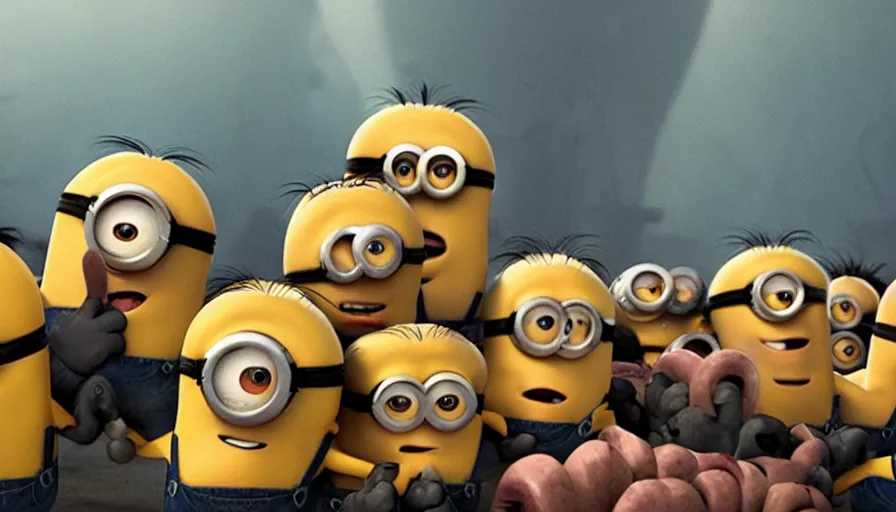 Image similar to fight!!! club!!!!, fight!!! club!!!! ((((the minions)))), movie still, directed by David fincher