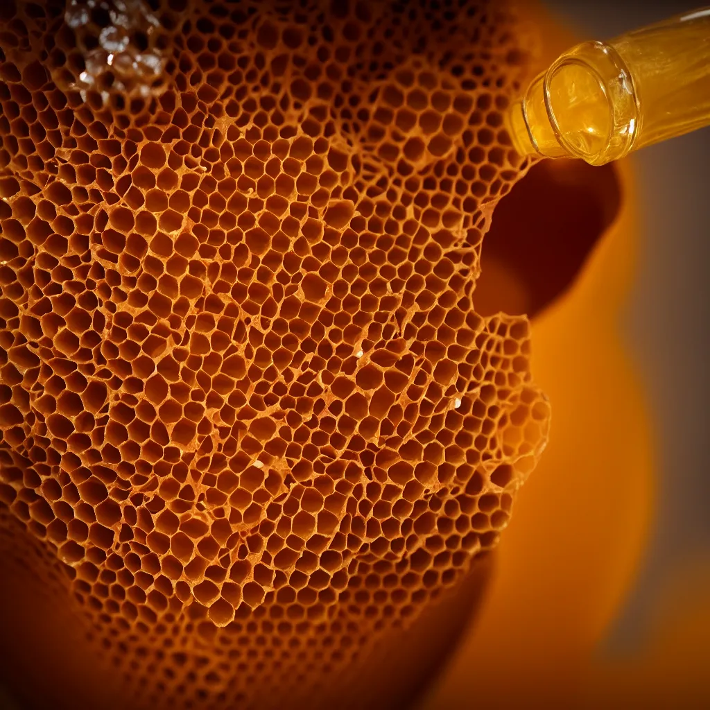 Image similar to real honeycomb traditional vase with honey by tomas gabzdil libertiny, product design, film still from the movie directed by denis villeneuve with art direction by zdzisław beksinski, telephoto lens, shallow depth of field