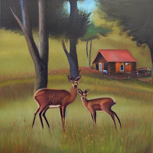 Prompt: “deer by a house oil panting”