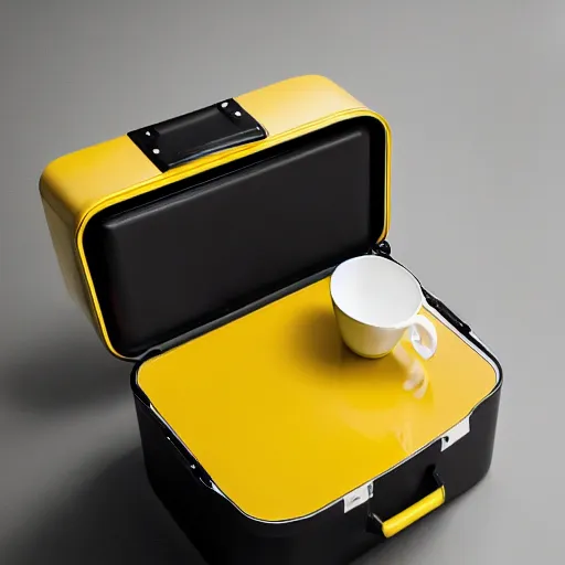 Image similar to a yellow coffee mug looks like rimowa aluminium suitcase, full of steaming coffee