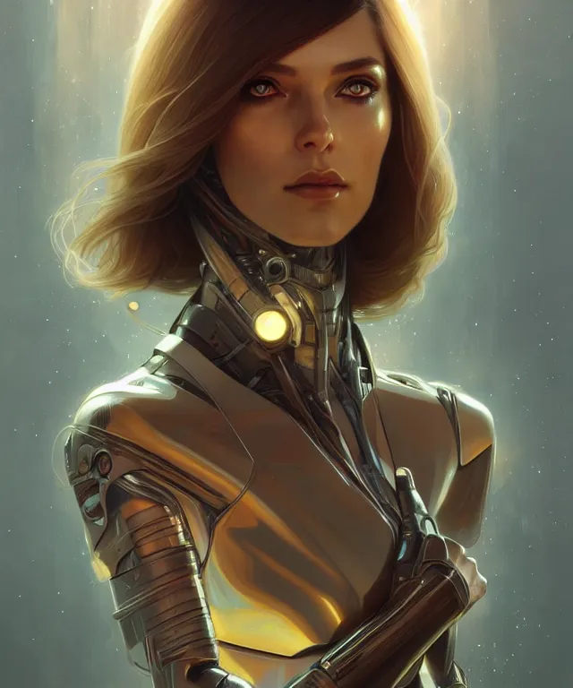 Image similar to futuristic woman android portrait, sci - fi, amber eyes, face, long hair, fantasy, intricate, elegant, highly detailed, digital painting, artstation, concept art, smooth, sharp focus, illustration, art by artgerm and greg rutkowski and alphonse mucha