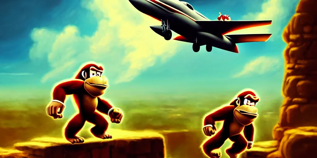 Image similar to a cinematic view of donkey kong flying a jet, oil on canvas, masterpiece, trending on artstation, featured on pixiv, cinematic composition, dramatic, beautiful lighting, sharp, details, hyper - detailed, hd, hdr, 4 k, 8 k