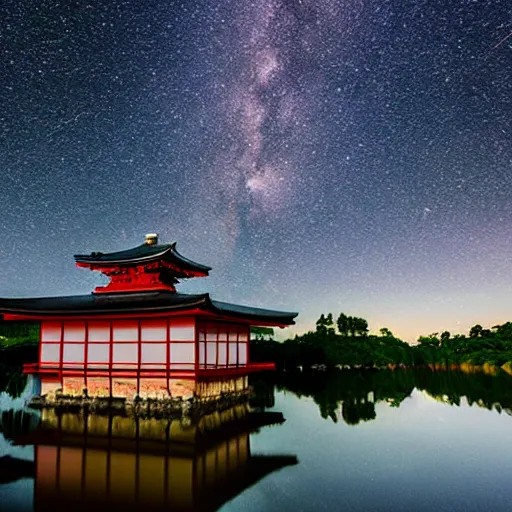 Image similar to A traditional japanese building underneath the milkyway at night both relfecting inside a lake