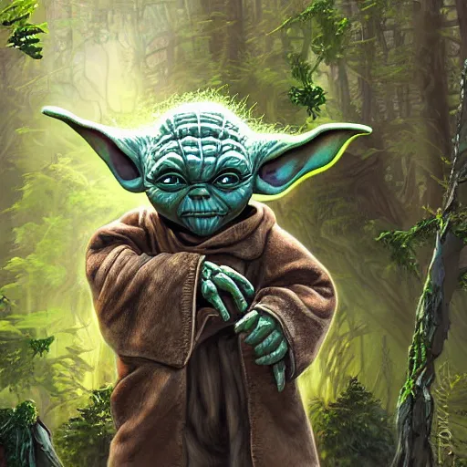 Image similar to yoda terminator, graffiti city covered in vegetation, highly detailed, smooth color composition, digital art masterpiece