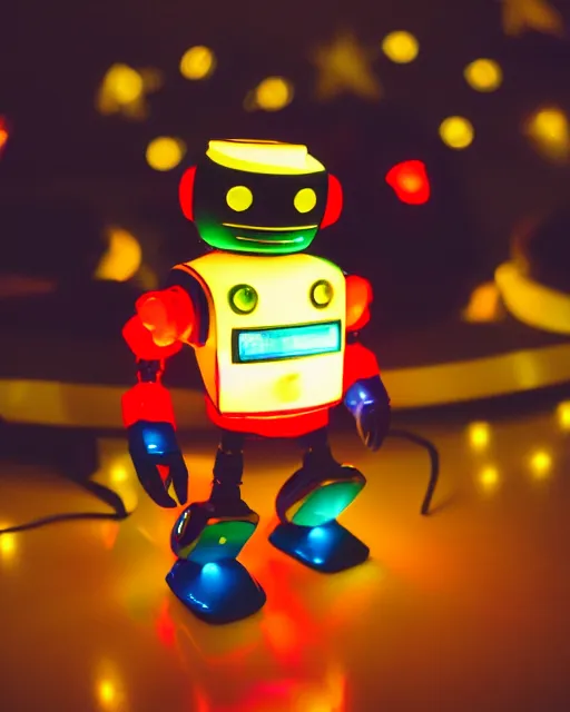 Prompt: high quality presentation night photo of an illuminated glowing retro toy robot, photography 4k, f1.8 anamorphic, bokeh, 4k, Canon, Nikon