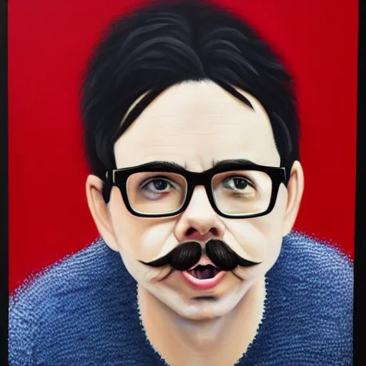 Image similar to An Oil Painting of Rivers Cuomo in a sweater with long hair and a mustache sweating bullets as he looks outside his window in his apartment to see kim jong un's nukes falling onto the city, hyperrealistic, extremely realistic, highly realistic, HD Quality, 4k resolution, 8k resolution, Detailed, Very Detailed, Highly Detailed, Extremely Detailed, Intricate Details, Real, Very Real, Oil Painting, Digital Painting, Painting, Trending on Deviantart, Trending on Artstation