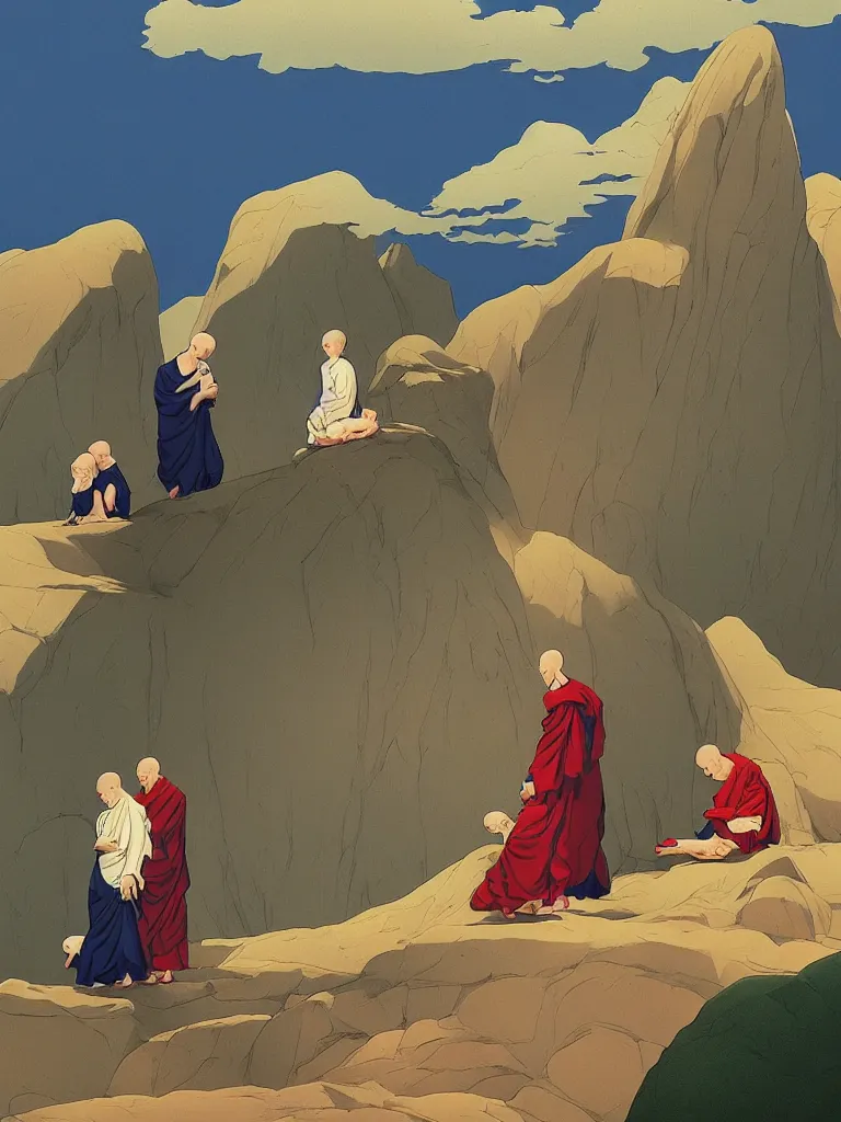 Prompt: weird strange albino monks vampires holding sphynx cats in a strange eerie mountain landscape, by kawase hasui, moebius, edward hopper, colorful flat surreal design, dramatic lighting, hd, 8 k, artstation