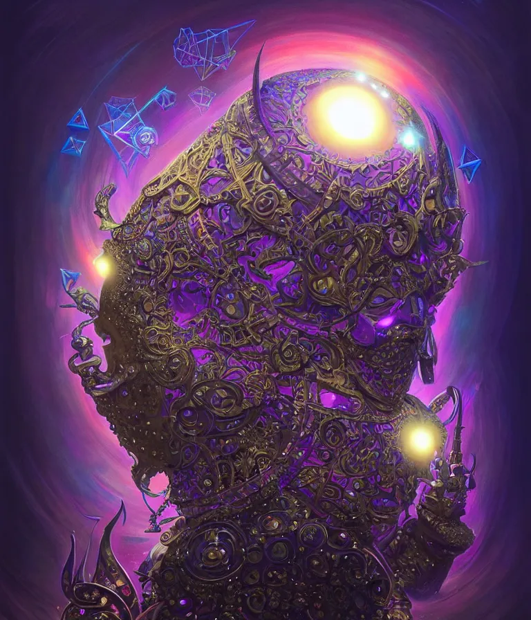 Prompt: front shot of a court jester character, hyperdimensional, bioluminescent hypercubes, dark holography!!!, sunset psychedelic, chrome, (((intricate))), elegant, highly detailed, centered, (((artstation, concept art, smooth, sharp focus, artgerm, Tomasz Alen Kopera, Peter Mohrbacher, donato giancola, Joseph Christian Leyendecker, WLOP, Boris Vallejo))), mugshot!!!!!, ugly!!!!!!, octane render, nvidia raytracing demo, octane render, nvidia raytracing demo, octane render, nvidia raytracing demo, grainy, muted, 8K, digitalblasphemy, metatron