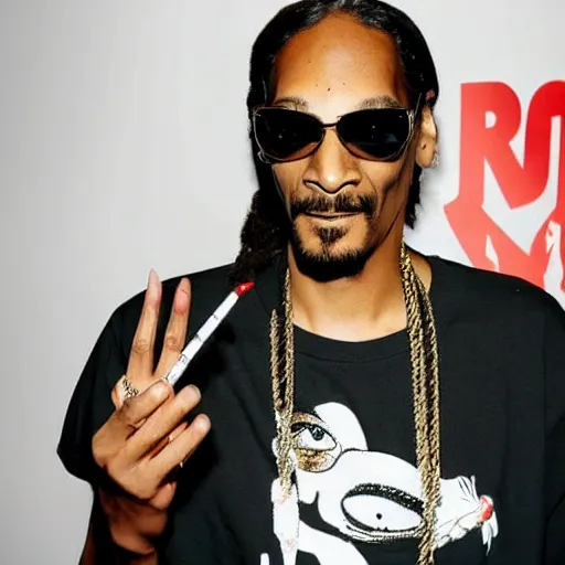 Image similar to Snoop Dog with big eyes eye color red , smiling and holding a joint in his hand