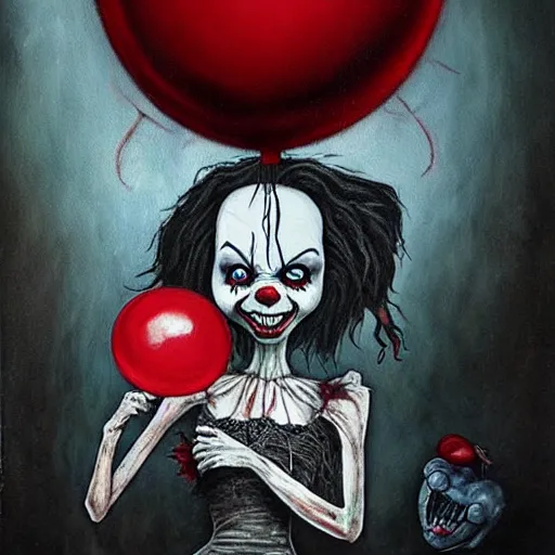 Image similar to grunge painting of insidious with a wide smile and a red balloon by chris leib, loony toons style, pennywise style, corpse bride style, horror theme, detailed, elegant, intricate