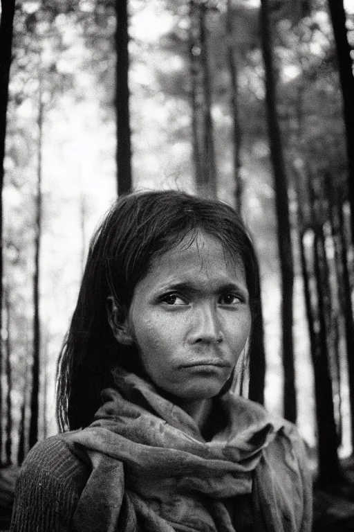 Image similar to close up portrait photography of a woman with bright eyes standing in front of forest fire, 35mm, film photo, steve mccurry