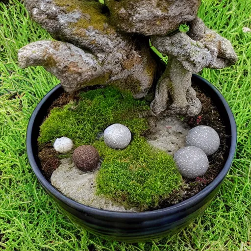 Image similar to a photo of japanese moss ball bonsai planter