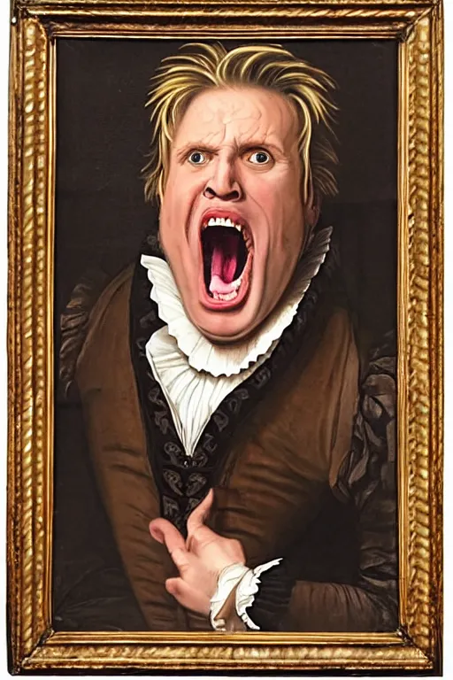 Image similar to a 1 6 0 0 s framed portrait painting of gary busey screaming, intricate, elegant, highly detailed