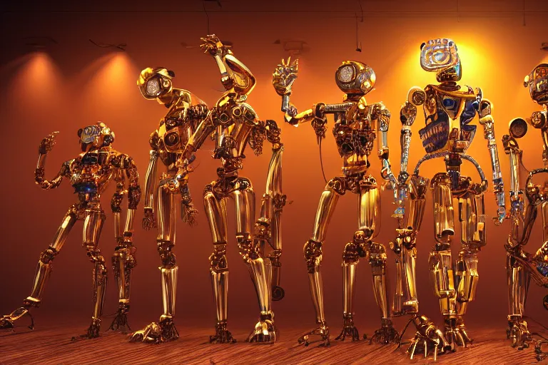 Image similar to 7 golden and blue metal humanoid steampunk robots dancing on a theaterstage, robots are wearing and gears and tubes, eyes are glowing red lightbulbs, shiny crisp finish, 3 d render, 8 k, insaneley detailed, fluorescent colors, nightlight