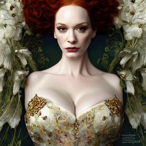 Image similar to Christina Hendricks wearing epic haute couture by Alexander McQueen, extremely beautiful and proportionate face, in the aesthetic of mert and marcus, masterpiece, intricate, elegant wardrobe, highly detailed, digital painting, artstation, concept art, smooth, sharp focus, illustration, art by artgerm and james jean and greg rutkowski and alphonse mucha