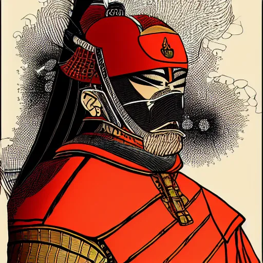 Prompt: a powerful japanese samurai wearing fire gear, detailed face, face symmetry, character concept portrait by moebius and laurie greasley, postminimalism, highly detailed, smooth, sharp focus, profile picture, 8 k, cinematic color grading