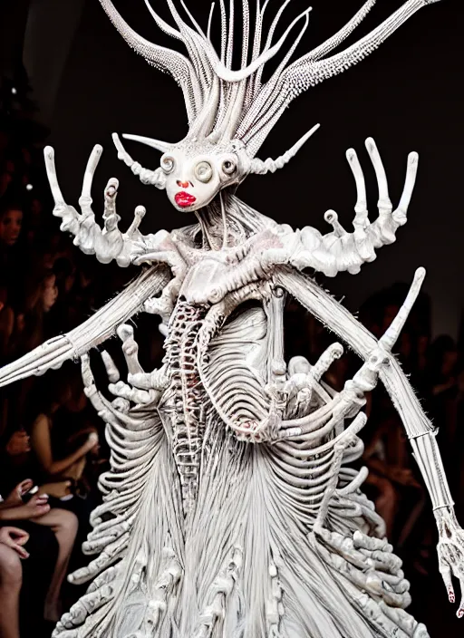 Image similar to walking down the catwalk, tim walker, show, stage, vogue photo, podium, fashion show photo, historical baroque dress dark, iris van herpen, beautiful woman, masterpiece, intricate, biopunk, vogue, full body shot, alien, plant predator, guyver, jellyfish, white biomechanical details, highly detailed