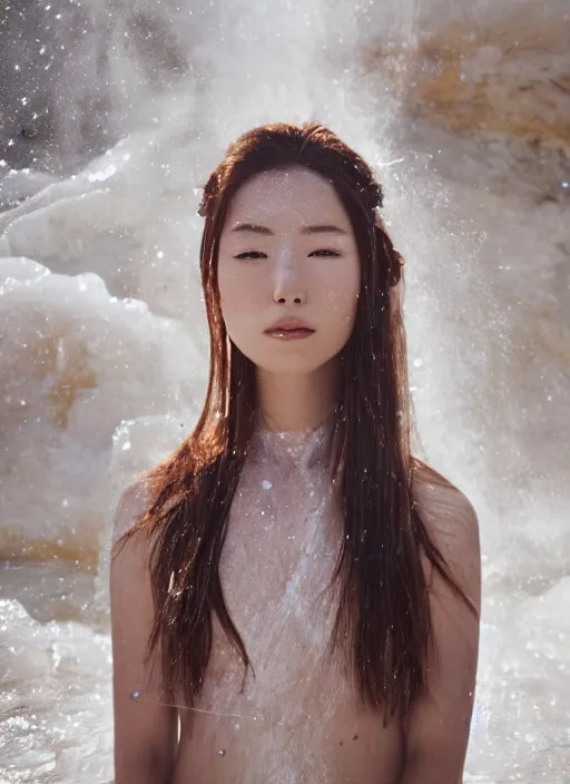 Image similar to Kodak Portra 400, 8K, soft light, volumetric lighting, highly detailed, Kasumi Arimura style 3/4 ,portrait photo of Japanese Goddess, the face emerges from Pamukkale, thermal waters flowing down white travertine terraces, inspired by Ophelia paint , a beautiful luxurious celestial suit and hair are intricate with highly detailed realistic beautiful flowers , Realistic, Refined, Highly Detailed, ethereal outdoor pastel lighting colors scheme, outdoor fine art photography, Hyper realistic, photo realistic