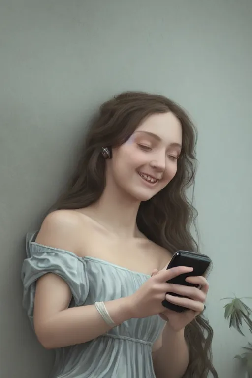 Prompt: a portrait of a beautiful young lady smiling at a text she just received on her smartphone, in style of Evelyn De Morgan, beautiful high detail, cinematic, 8k resolution, trending on artstation trending, octane render, unreal engine