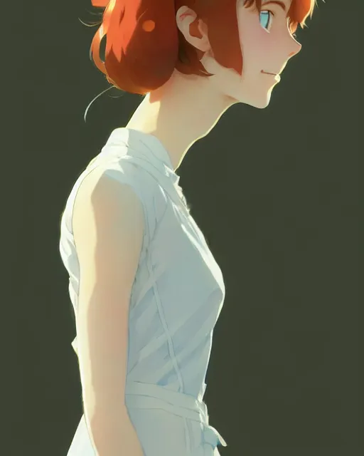 Image similar to young southern woman, freckle, ginger hair, sad cerulean eyes, simple cream dress, detailed perfect face, exquisite details, mid view, design on a white background, by studio muti, greg rutkowski makoto shinkai takashi takeuchi studio ghibli