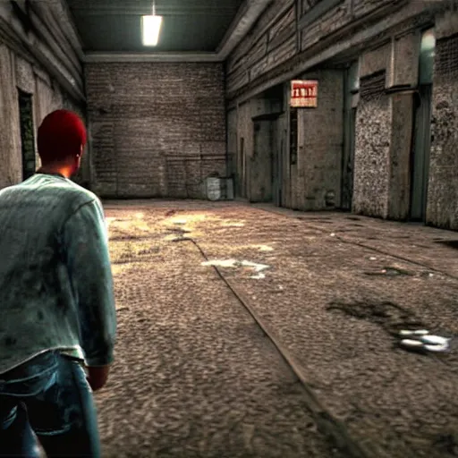 Image similar to screenshot from old playstation game, third person, horror, mohawk punk, silent hill