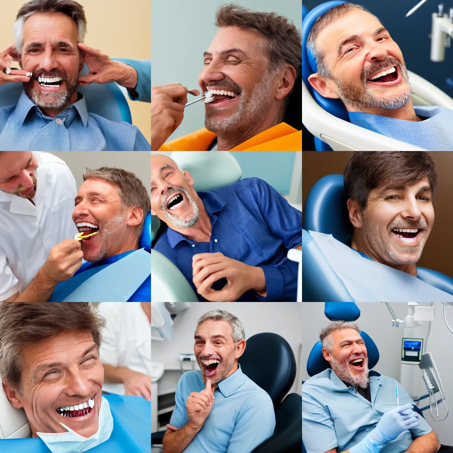 Prompt: a man without teeth sitting in the dentists chair with his mouth open. The dentist is laughing