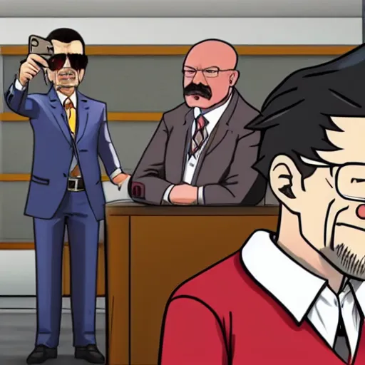 Image similar to walter white doing a selfie with phoenix wright, realistic, cool, nice, beautiful