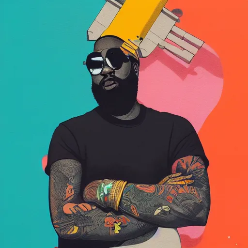 Image similar to Painting of Rick Ross by Sachin Teng :4 , asymmetrical, Matte Painting , smoke, geometric shapes, marijuana, hard edges, energetic, graffiti, street art:2 Masterpiece, high detail, by Sachin Teng:4