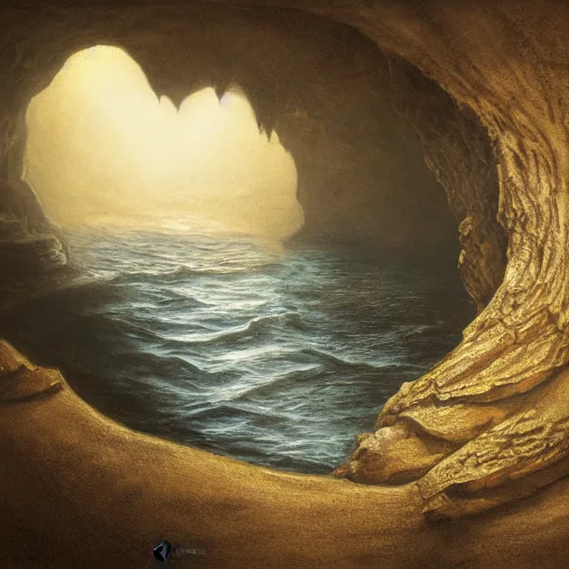 Image similar to photorealistic sepia painting of a jamaican sea cliff with the mouth of a sea cave at the waterline, dark, brooding, atmospheric, lovecraft, by dave dorman