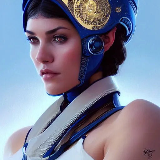 Image similar to Portrait of very very very very very very beautiful Latina woman, spacesuit, blue eyes, intricate, elegant, highly detailed, digital painting, artstation, concept art, smooth, sharp focus, illustration, art by artgerm and greg rutkowski and alphonse mucha