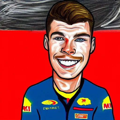 Image similar to a badly drawn picture of max verstappen, caricature, funny, crayon art, bad, beginner art