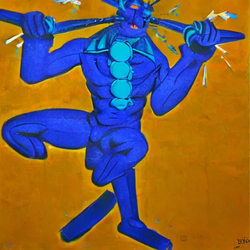 Prompt: post modern art depicting the tales of blue demon in the subway