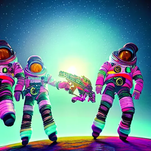 Image similar to three amigos on a space adventure, psychedelic colors, extremely detailed, trending on artstation, 8k unreal engine